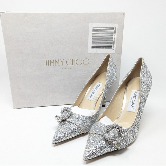NIB Jimmy Choo Saresa 85 Coarse Glitter Pumps Champagne Silver Size EU 38.5 - Picture 12 of 16